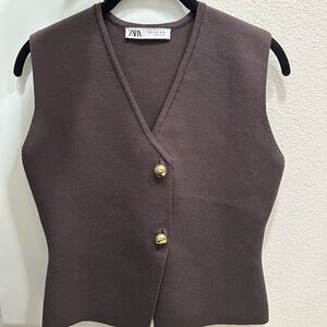 Zara Chocolate Knit Vest with Metallic Buttons